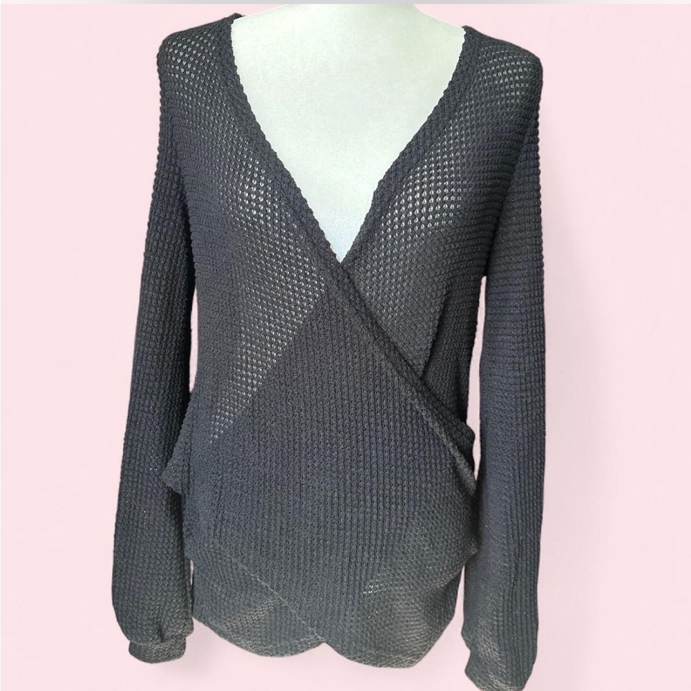 Black Sheer Textured Deep V Neck Plunge Long Sleeve Cross Wrap Top
